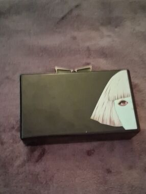 Macy's Black Rectangular Evening Clutch with Illustrated Face Accent